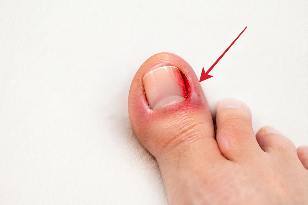 Ongle incarné sur le gros orteil avec rougeur et inflammation autour de l’ongle