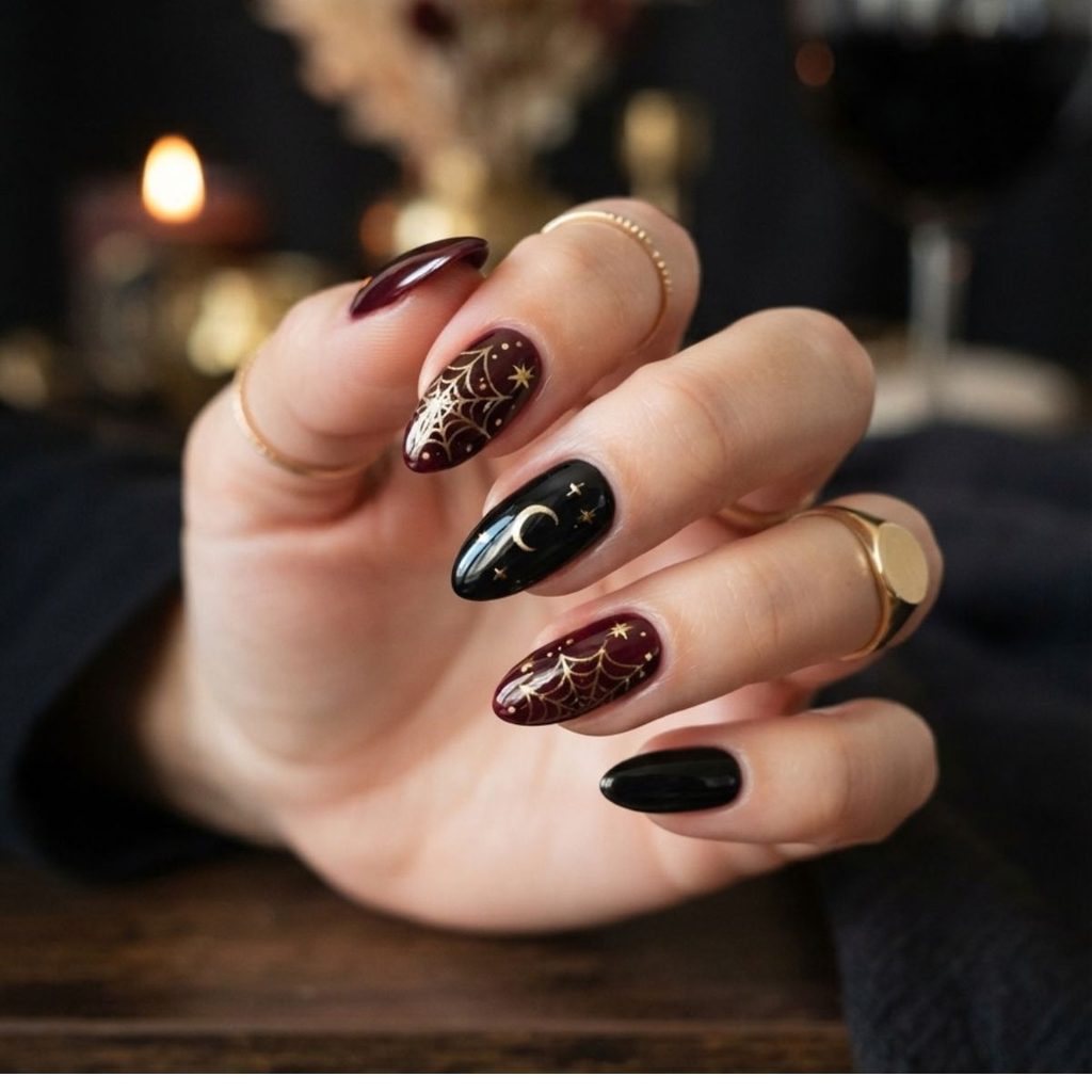 Ongles Halloween chics 2026 : noir bordeaux et or