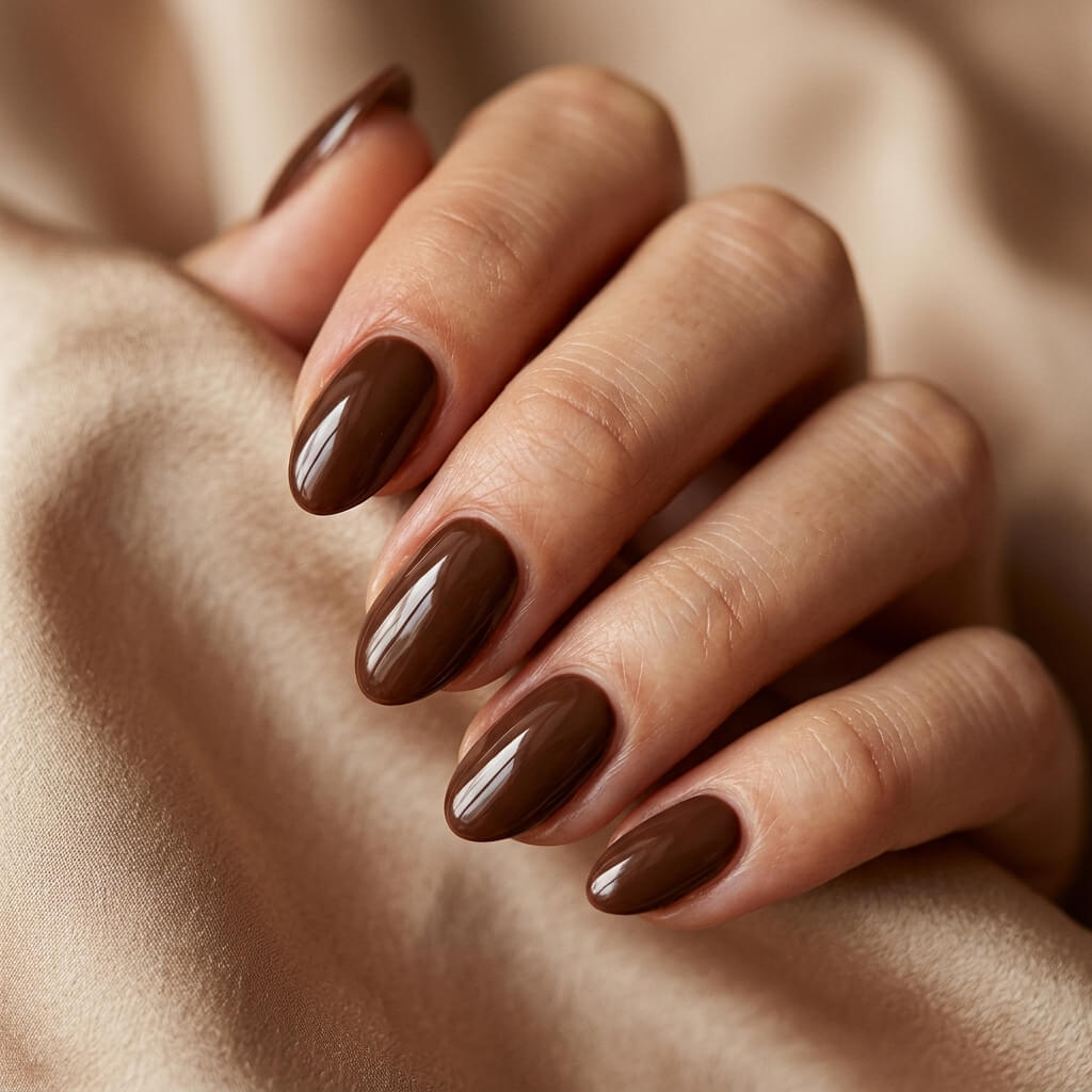 Les ongles amande courts en chocolat brillant
