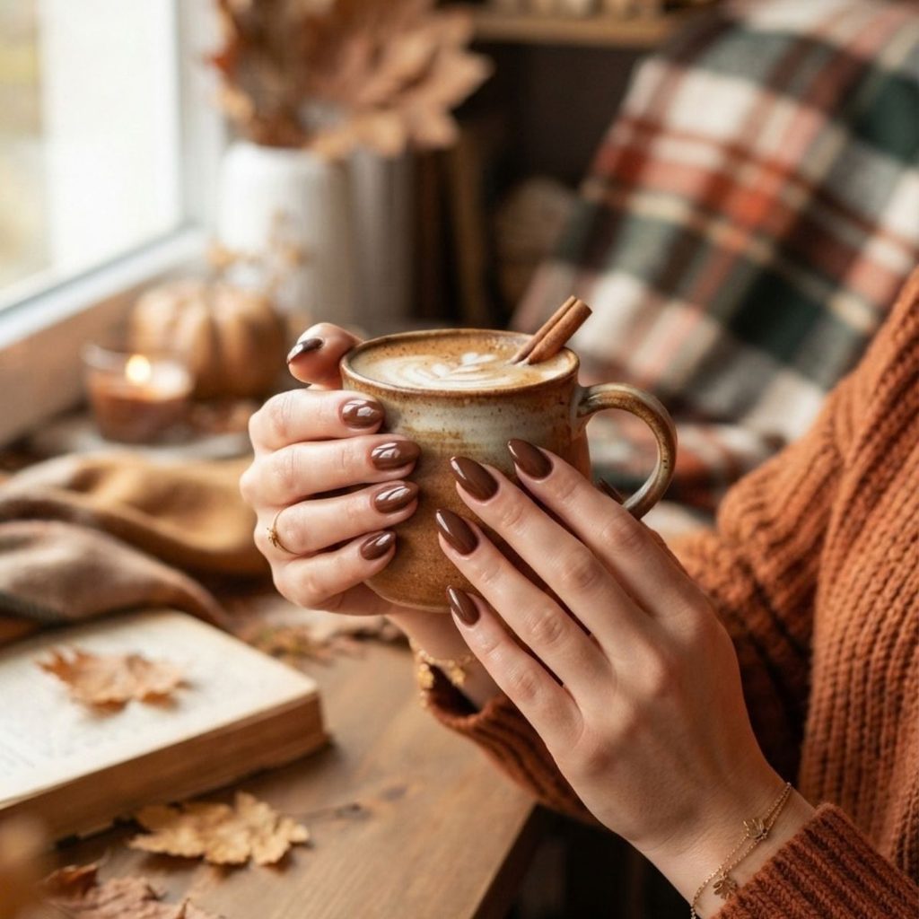 Ongles chocolat brillants pour une manucure automnale