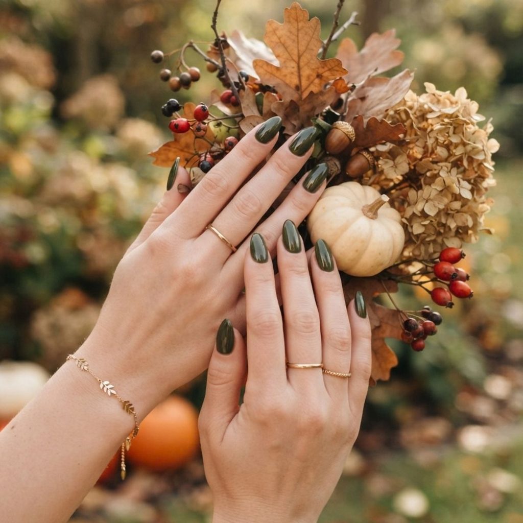 Ongles vert olive élégants inspirés des couleurs d'automne
