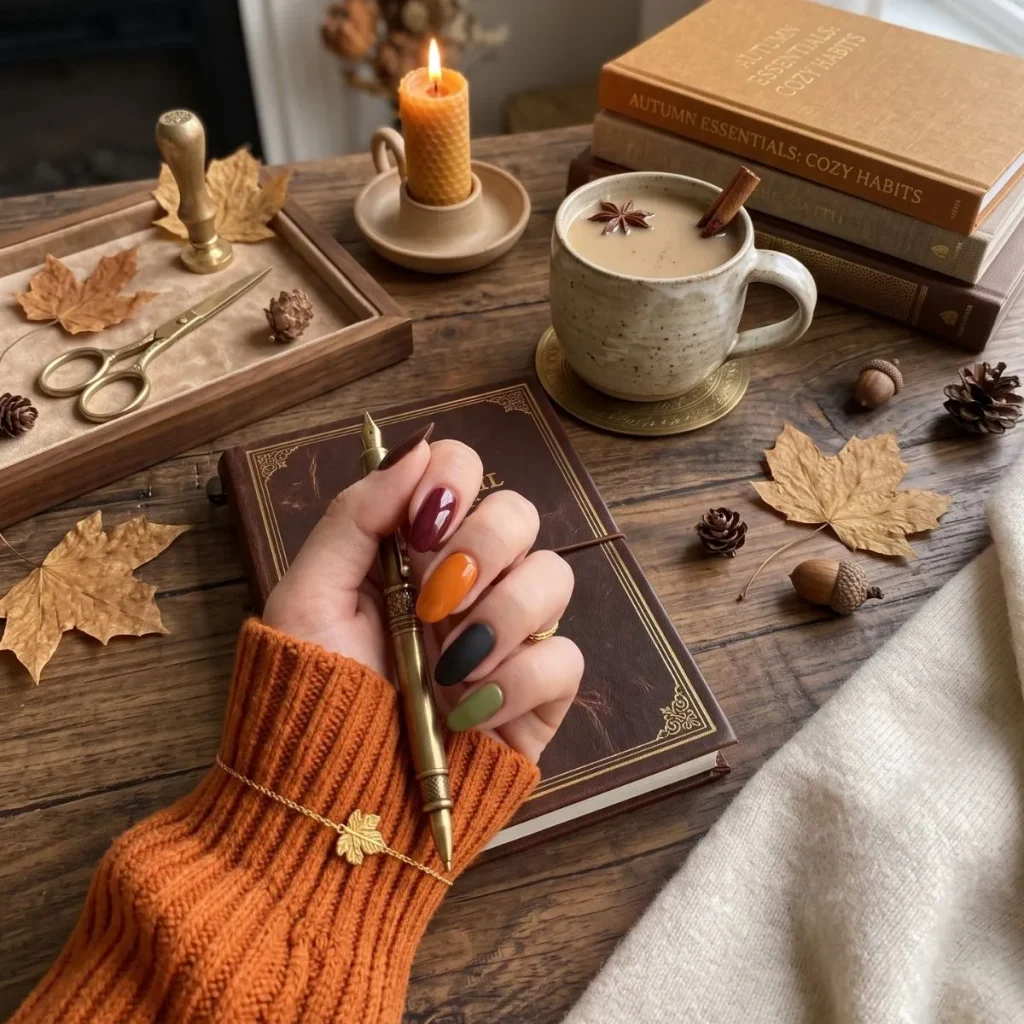Ongles d’octobre élégants, manucure automnale avec chocolat, bordeaux, orange citrouille