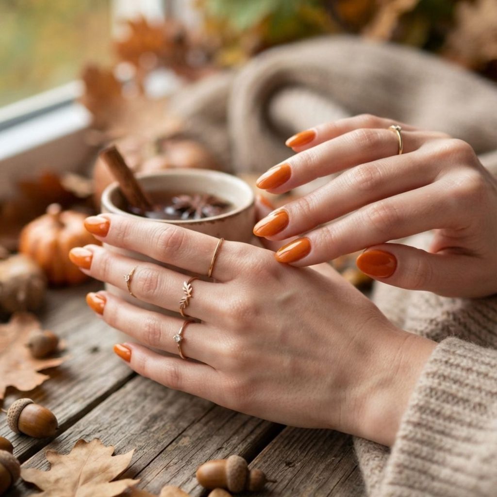 Ongles orange citrouille pour une manucure d'octobre